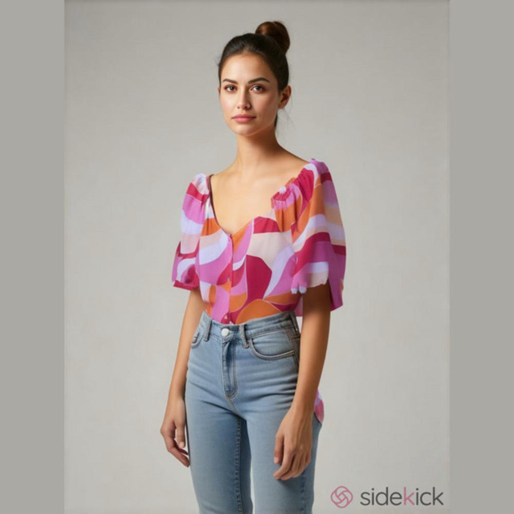 Sanctuary Pink Orange Red Abstract V Neck Top Medium